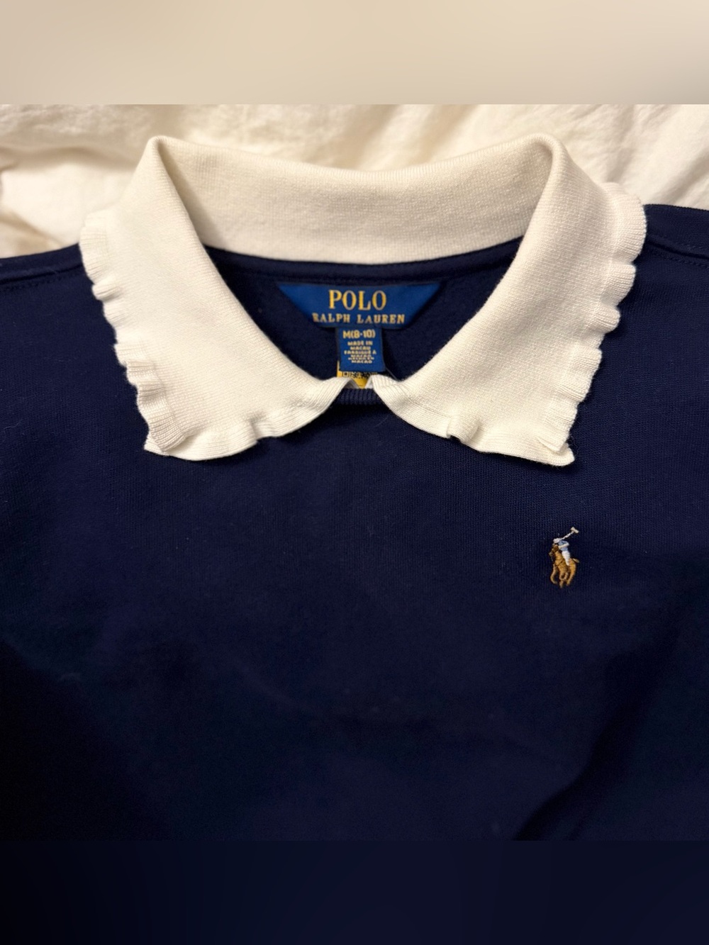 Ralph Lauren Navy Kids Polo Fleece Sweatshirt w/ White Ruffled Collar; Sz M 8/10
